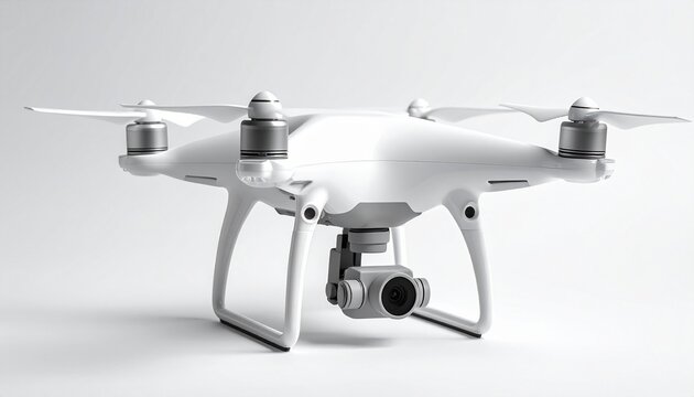 White quadcopter drone with mounted camera and four propellers on flat surface against plain white background.
