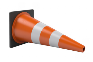 Orange traffic cone on black base white stripes isolated on a transparent background