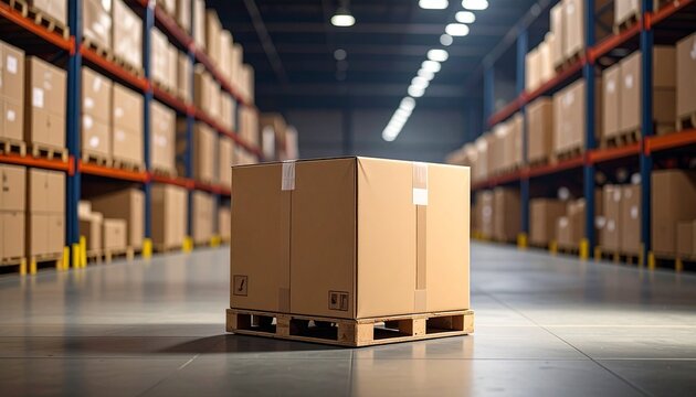 Wooden pallet with two cardboard boxes in spacious warehouse interior featuring shelves, forklift, and safety markings.
