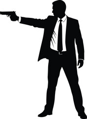 Obraz premium Man silhouette, suit, handgun, action pose, secret agent, dramatic stance, black figure, isolated, white background, crime, thriller, weapon