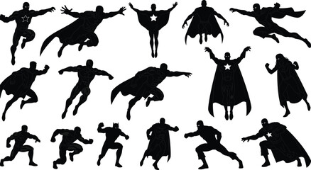 Superhero silhouette poses vector illustration, flying and action hero characters collection, comic style strength figures, black and white dynamic design set