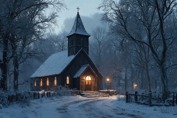 Snow laden wooden church with candlelight glow