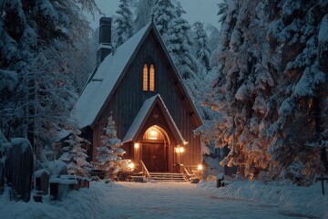 Snow laden wooden church with candlelight glow