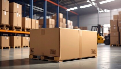 Wooden pallet with two cardboard boxes in spacious warehouse interior featuring shelves, forklift, and safety markings.
