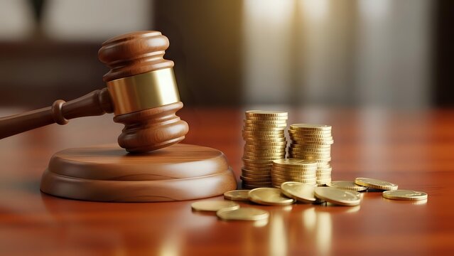 Wooden judge gavel with golden coins on desk representing legal fees, court costs, financial litigation, bankruptcy proceedings, and judicial system.