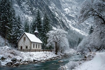 Snowy chapel in remote mountain valley