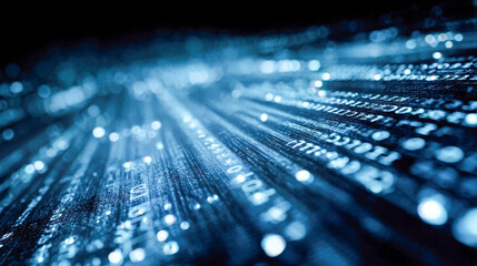 Abstract futuristic technology background with glowing blue binary code and data streams representing digital information flow in cyberspace