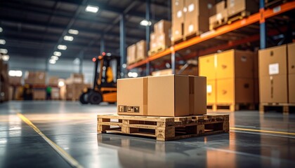 Wooden pallet with two cardboard boxes in spacious warehouse interior featuring shelves, forklift, and safety markings.