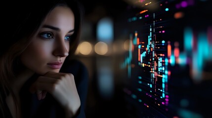 Young Caucasian businesswoman analyzing colorful financial data charts and graphs on digital screen in modern office environment with bokeh lights.