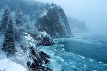 Snowy cliffside overlooking icy sea