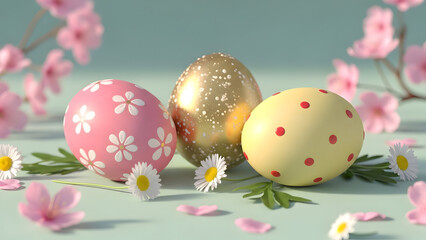 Easter eggs with floral patterns and daisies vector illustration flat design