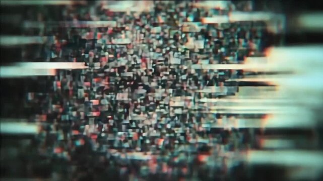 Digital glitch effect with blurred abstract designs and pixelated patterns.
