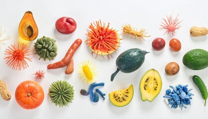 Colorful mix of fruits, vegetables, and abstract organic forms arranged artistically on white surface.