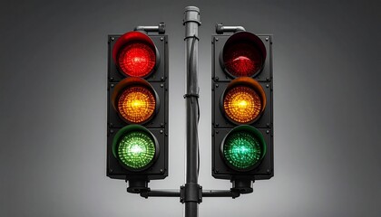 Dual traffic lights with all red, amber, and green signals lit simultaneously on a single pole against dark backdrop.