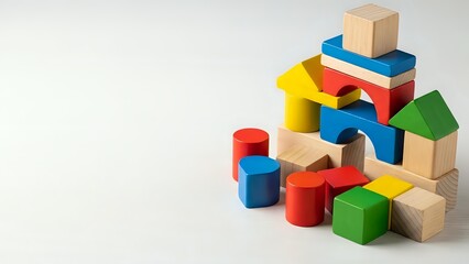 Fototapeta premium Colorful wooden building blocks and geometric shapes scattered on white background for educational play and child development activities.