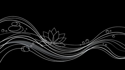 Fototapeta premium Elegant white line art lotus flower with flowing water waves and bubbles on black background for zen meditation and spa design projects.