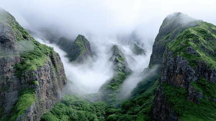 Mountain landscape with fog and greenery