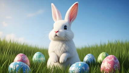 White Easter Bunny with Decorated Eggs in Spring Grass Vector Illustration
