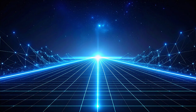 Abstract digital futuristic landscape with glowing blue grid lines and interconnected nodes, symbolizing data flow and technology advancement in a vibrant, illuminated cyberspace setting - Powered by Adobe