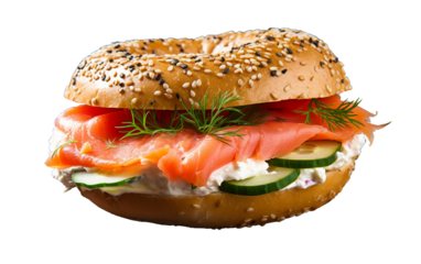 Smoked Salmon Bagel with Cream Cheese Isolated On Transparent Background PNG.
