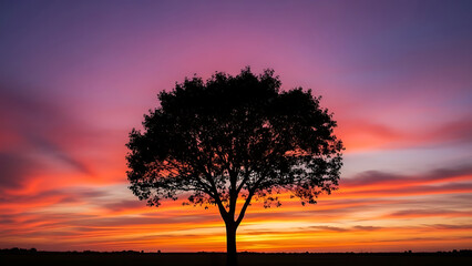 Silhouetted tree against vibrant sunset sky with colorful clouds