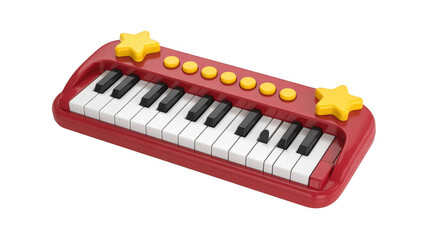Fototapeta premium Red toy keyboard with yellow stars and buttons piano isolated on a transparent background