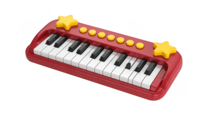 Red toy keyboard with yellow stars and buttons piano isolated on a transparent background