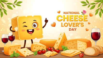 National cheese lovers day celebration with cartoon cheese character, wine, bread, and tomatoes