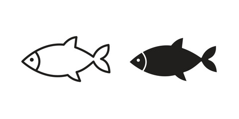 Fototapeta premium Fish icons in black glyph and liner versions for design.