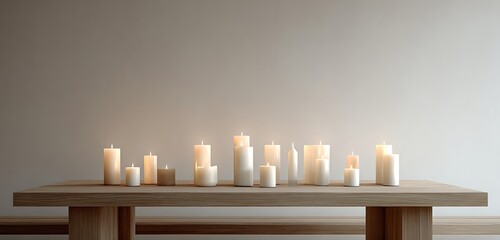 Elegant candle arrangement glowing softly on wooden dining table minimalist style