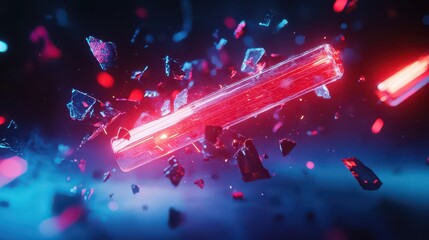 A vibrant red light beam shatters through a dark background with colorful fragments