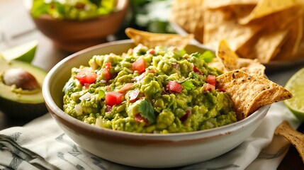 A bowl of fresh guacamole with a side of whole grain chips