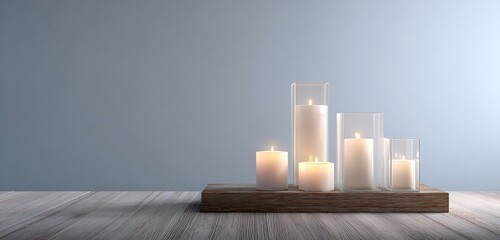 Elegant candle arrangement glowing softly on wooden dining table minimalist style