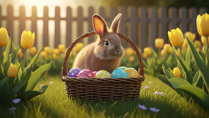 Easter bunny with colorful eggs in basket surrounded by tulips vector illustration