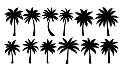 Fototapeta premium Black palm tree silhouettes vector set with tropical beach plant shapes isolated on white background