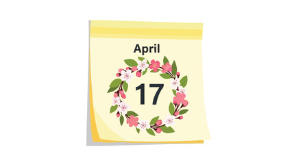 Springtime Calendar Page Illustration for April 17th Featuring a Beautiful Wreath of Pink and White Blossoms and Vibrant Green Foliage a Perfect