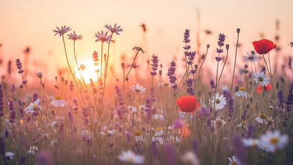Vibrant wildflowers bloom in a serene field at sunset