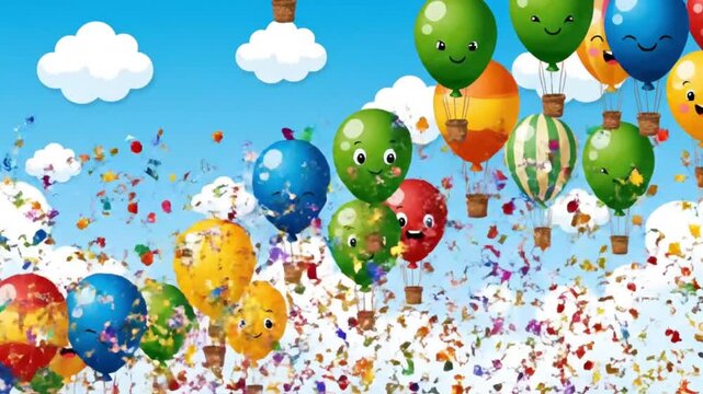 Cartoon-style animated air balloons gently moving, vibrant child-friendly colors, celebratory confetti background, joyful party mood, seamless