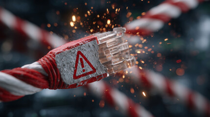 Extreme close-up of a frayed red Ethernet cable with a warning symbol tag, sparks of light and digital noise effects imply data corruption, dark neutral background for copy space,