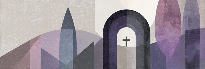church arch postcard, clean, flat design postcard template with muted purple and deep charcoal gray geometric shapes forming a stylized church arch subtle, textured gray cross icon above plain light