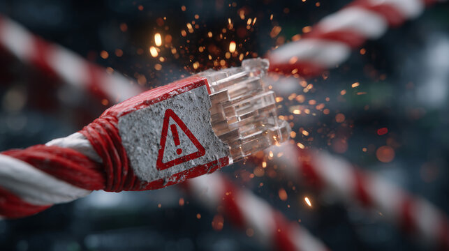 Extreme close-up of a frayed red Ethernet cable with a warning symbol tag, sparks of light and digital noise effects imply data corruption, dark neutral background for copy space, - Powered by Adobe