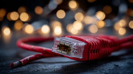 Macro shot of a red Ethernet cable connector partially unplugged, warning sign sticker on the cable sheath, LED lights in the background form bokeh patterns, minimalistic compositi