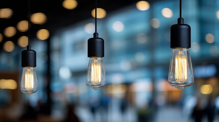 Row of modern stylish decorative lamps with vintage glass bulbs hanging from black cords, glowing filaments create layered depth, soft defocused background lights, contemporary int