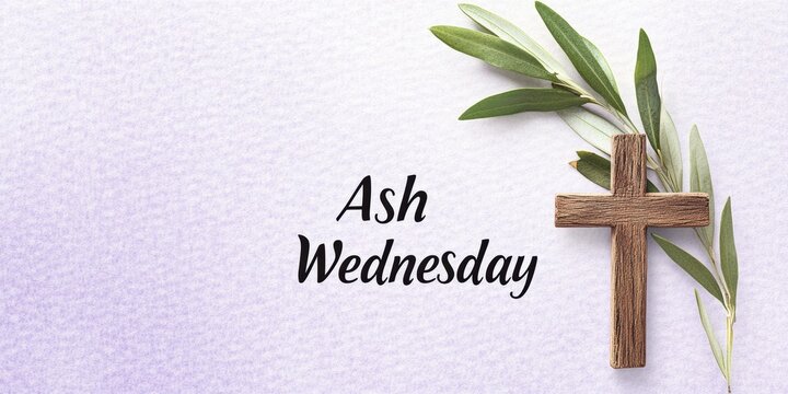 religious postcard design, ash wednesday postcard design with a watercolor cross and olive branch, modern font, high-res paper texture