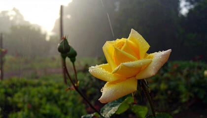 A single yellow rose outside in the rain. Ai
