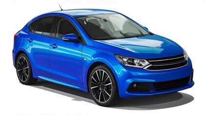 Blue sedan car with sleek design, black grille, alloy wheels, and tinted windows angled for display.