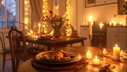 Cozy Dining Room Table Set for a Romantic Evening with Candles and Flowers.