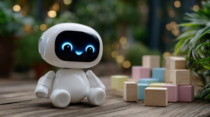 White robot toy sitting among pastel wooden blocks on a wooden table, friendly rounded design, softly glowing face display, calm modern home environment blurred behind, childhood l