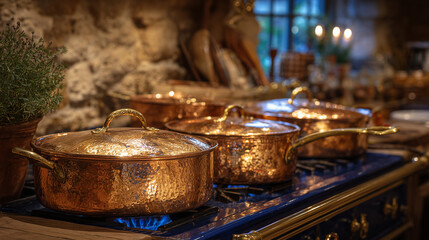 Set of vintage copper pots and pans arranged on a classic stove, patina and subtle wear visible, warm ambient lighting, rustic kitchen environment, nostalgic culinary tradition mee