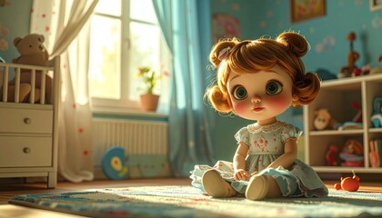 Cute Doll Sitting in a Sunlit Nursery Room.